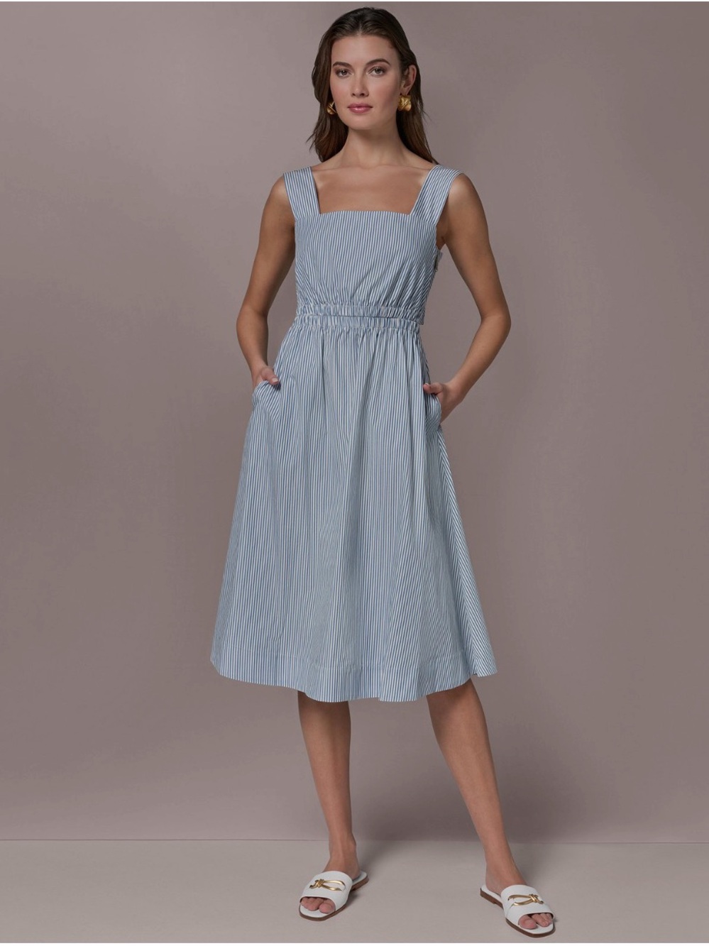 Donna Karan Light Blue Pinstripe Square-Neck Midi Dress. Size 10. Washed indigo